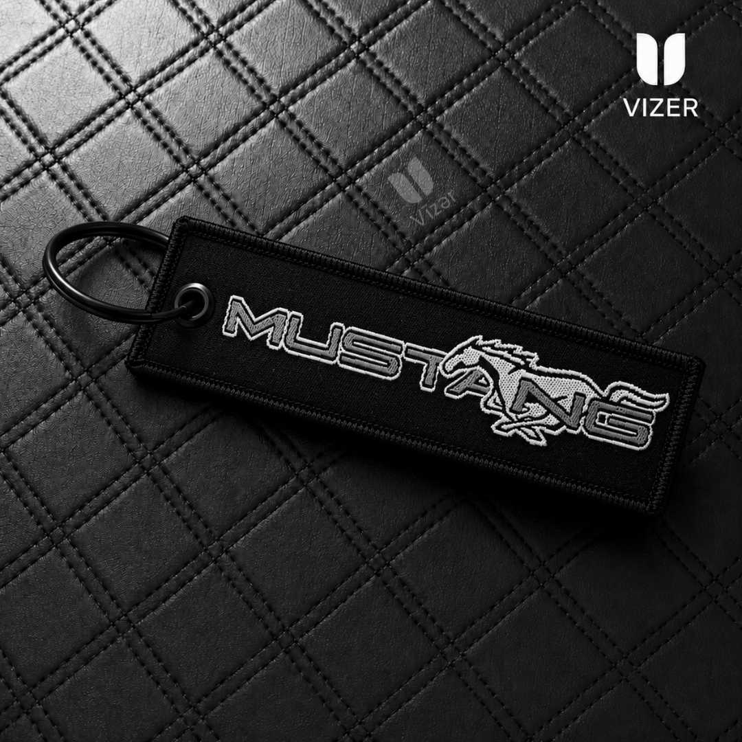 MUSTANG BLACK KEYCHAIN WITH METAL KEY RING