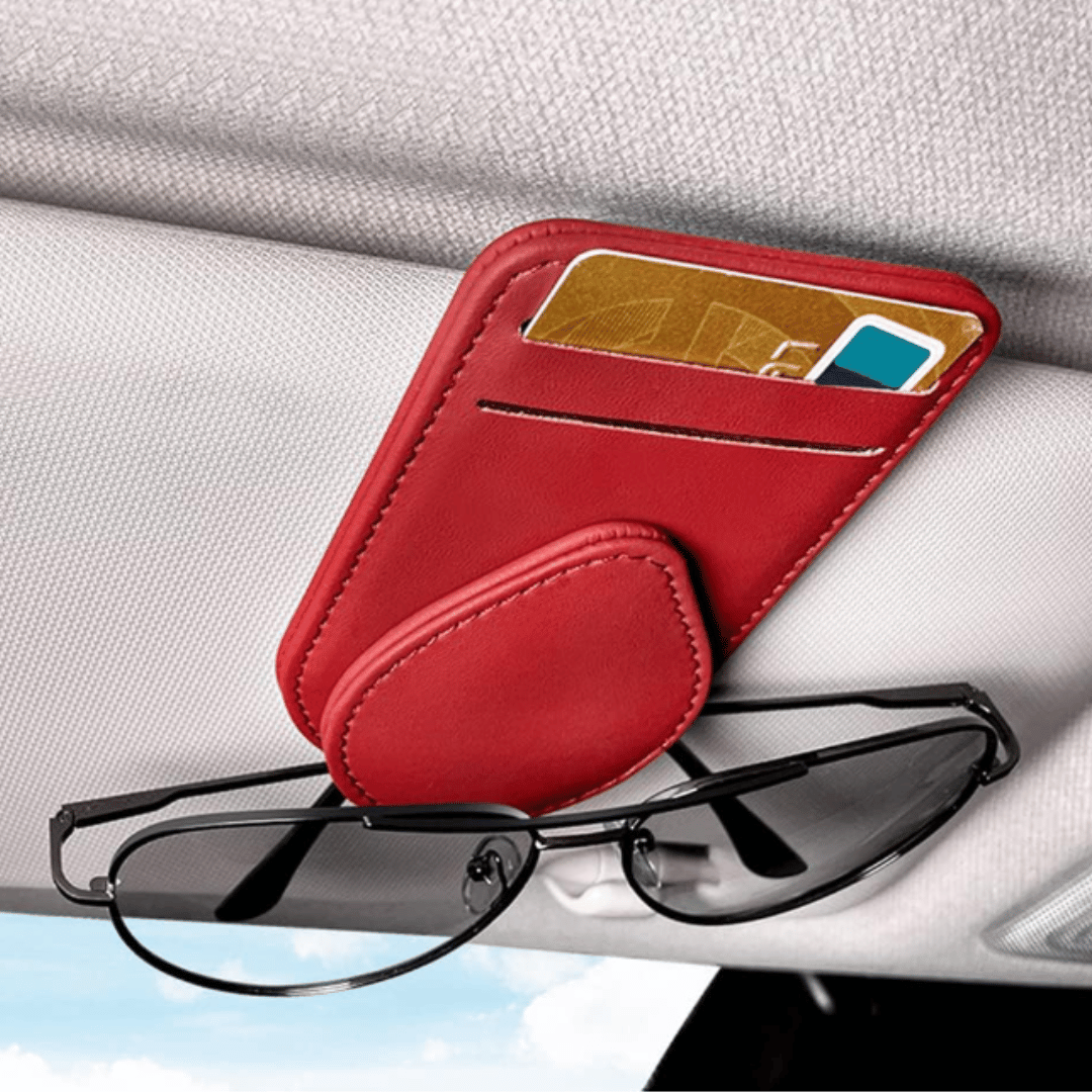 Sunglass Holder for Car with 2 Card Holder_ Red