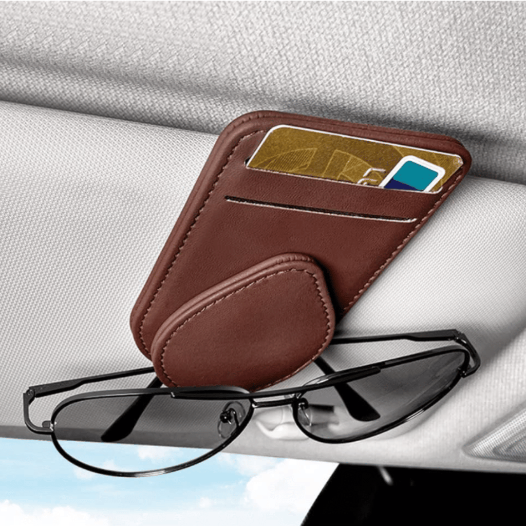 Sunglass Holder for Car with 2 Card Holder_ Brown