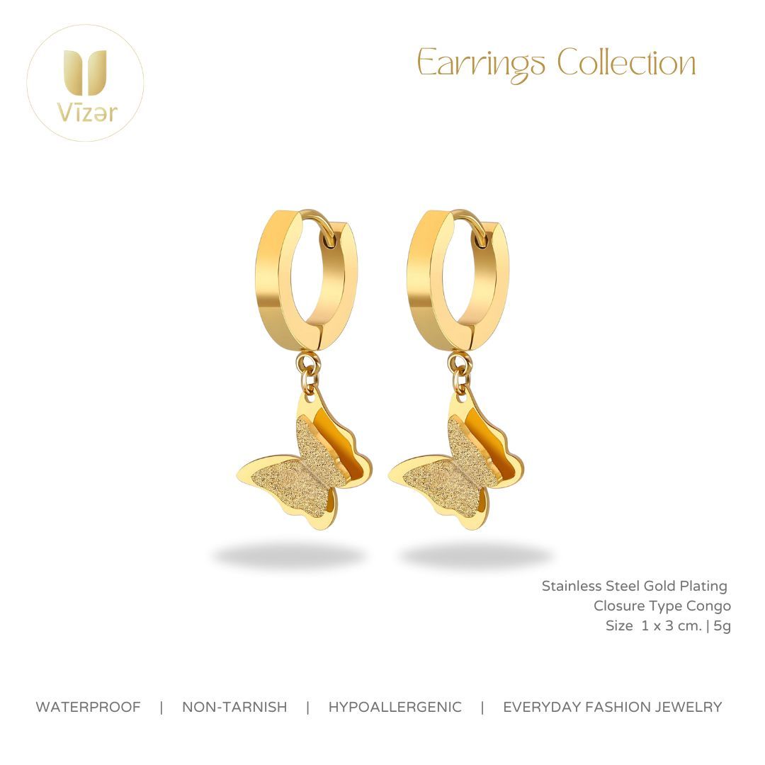 18K GOLD PLATED STAINLESS STEEL "BUTTERFLIES" EARRINGS, INTENSITY